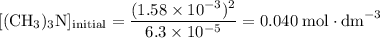 [(\text{CH}_3)_3\text{N}]_\text{initial} =\dfrac{(1.58\times10^{-3})^{2}}{6.3\times10^{-5}} = 0.040\;\text{mol}\cdot\text{dm}^{-3}