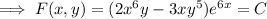 \implies F(x,y)=(2x^6y-3xy^5)e^{6x}=C