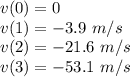 v(0)=0\\v(1)=-3.9\ m/s\\v(2)=-21.6\ m/s\\v(3)=-53.1\ m/s