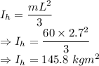 I_h=\dfrac{mL^2}{3}\\\Rightarrow I_h=\dfrac{60\times 2.7^2}{3}\\\Rightarrow I_h=145.8\ kgm^2