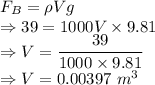 F_B=\rho Vg\\\Rightarrow 39=1000V\times 9.81\\\Rightarrow V=\dfrac{39}{1000\times 9.81}\\\Rightarrow V=0.00397\ m^3