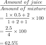 \dfrac{Amount\ of\ juice}{Amount\ of\ mixture}\\\\=\dfrac{1\times 0.5+2}{1+2+1}\times 100\\\\=\dfrac{2.5}{4}\times 100\\\\=62.5\%