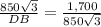 \frac{850\sqrt{3}}{DB}=\frac{1,700}{850\sqrt{3}}