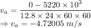v_a=\dfrac{0-5220\times 10^3}{12.8\times 24\times 60\times 60}\\\Rightarrow v_a=-4.72005\ m/s