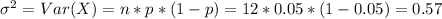 \sigma^2= Var(X) = n*p*(1-p) =12*0.05*(1-0.05)=0.57