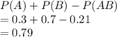 P(A)+P(B)-P(AB)\\= 0.3+0.7-0.21\\= 0.79
