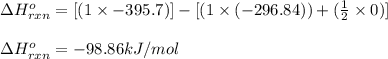 \Delta H^o_{rxn}=[(1\times -395.7)]-[(1\times (-296.84))+(\frac{1}{2}\times 0)]\\\\\Delta H^o_{rxn}=-98.86kJ/mol