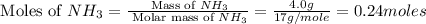 \text{ Moles of }NH_3=\frac{\text{ Mass of }NH_3}{\text{ Molar mass of }NH_3}=\frac{4.0g}{17g/mole}=0.24moles