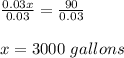 \frac{0.03x}{0.03}=\frac{90}{0.03}\\\\x = 3000\ gallons