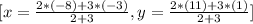 [x=\frac{2*(-8)+3*(-3)}{2+3},y=\frac{2*(11)+3*(1)}{2+3}]