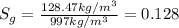 S_g=\frac{128.47 kg/m^3}{997 kg/m^3}=0.128