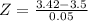 Z = \frac{3.42 - 3.5}{0.05}