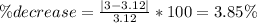 \% decrease= \frac{|3-3.12|}{3.12}*100 =3.85\%