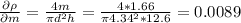 \frac{\partial\rho}{\partial m}=\frac{4m}{\pi d^{2}h}=\frac{4*1.66}{\pi 4.34^{2}*12.6}=0.0089