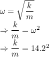 \omega=\sqrt{\dfrac{k}{m}}\\\Rightarrow \dfrac{k}{m}=\omega^2\\\Rightarrow \dfrac{k}{m}=14.2^2