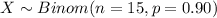 X \sim Binom(n=15, p=0.90)