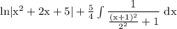 \rm ln|x^2+2x+5|+\frac54\int\dfrac{1}{\frac{(x+1)^2}{2^2}+1}~dx
