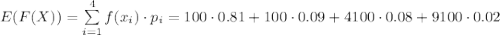 E(F(X)) = \sum \limits_{i=1}^{4} f(x_i) \cdot p_i = 100 \cdot 0.81 + 100 \cdot 0.09 + 4100 \cdot 0.08 + 9100 \cdot 0.02