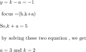 y=k-a=-1\\\\\text { focus =(h,k+a)}\\\\\text{So,} k+a=5\\\\\text{ by solving these two equation , we get }\\\\a=3\text{ and } k=2