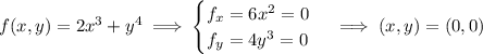 f(x,y)=2x^3+y^4\implies\begin{cases}f_x=6x^2=0\\f_y=4y^3=0\end{cases}\implies(x,y)=(0,0)
