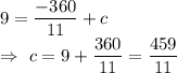9= \dfrac{-360}{11}+c\\\Rightarrow\ c=9+\dfrac{360}{11}=\dfrac{459}{11}
