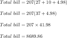 Total\ bill = 207(27+10+4.98)\\\\Total\ bill = 207(37 + 4.98)\\\\Total\ bill = 207 \times 41.98\\\\Total\ bill = 8689.86