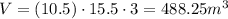 V = (10.5) \cdot 15.5 \cdot 3 = 488.25 m^3