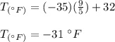T_{(\°F)}=(-35)(\frac{9}{5})+32\\\\T_{(\°F)}=-31\ \°F