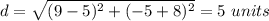 d=\sqrt{(9-5)^{2}+(-5+8)^{2}}=5\ units
