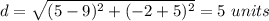 d=\sqrt{(5-9)^{2}+(-2+5)^{2}}=5\ units