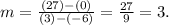 m=\frac{\left(27\right)-\left(0\right)}{\left(3\right)-\left(-6\right)}=\frac{27}{9}=3.