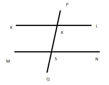 Maria drew two parallel lines kl and mn intersected by a transversal pq, as shown below:  two parall