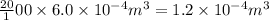 \frac{20}100}\times 6.0\times 10^{-4}m^3=1.2\times 10^{-4}m^3