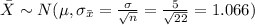 \bar X \sim N(\mu, \sigma_{\bar x}=\frac{\sigma}{\sqrt{n}}= \frac{5}{\sqrt{22}}=1.066)
