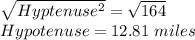 \sqrt{Hyptenuse^2}=\sqrt{164}\\Hypotenuse = 12.81\ miles