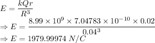 E=\dfrac{kQr}{R^3}\\\Rightarrow E=\dfrac{8.99\times 10^9\times 7.04783\times 10^{-10}\times 0.02}{0.04^3}\\\Rightarrow E=1979.99974\ N/C