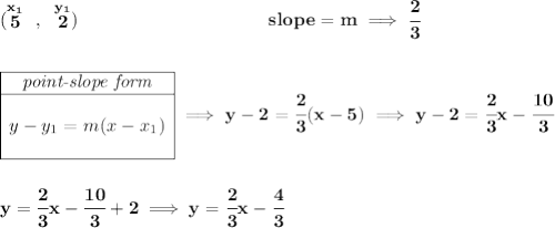 \bf (\stackrel{x_1}{5}~,~\stackrel{y_1}{2})~\hspace{10em} slope = m\implies \cfrac{2}{3} \\\\\\ \begin{array}{|c|ll} \cline{1-1} \textit{point-slope form}\\ \cline{1-1} \\ y-y_1=m(x-x_1) \\\\ \cline{1-1} \end{array}\implies y-2=\cfrac{2}{3}(x-5)\implies y-2=\cfrac{2}{3}x-\cfrac{10}{3} \\\\\\ y=\cfrac{2}{3}x-\cfrac{10}{3}+2\implies y=\cfrac{2}{3}x-\cfrac{4}{3}