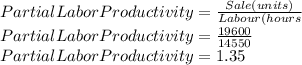 Partial Labor Productivity=\frac{Sale(units)}{Labour(hours} \\Partial Labor Productivity=\frac{19600}{14550} \\Partial Labor Productivity=1.35