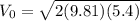 V_0=\sqrt{2(9.81)(5.4)}