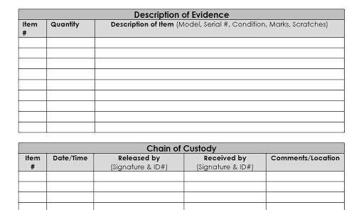 Achain-of-evidence form, which is used to document what has and has not been done with the original