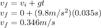 v_{f}=v_{i}+gt\\v_{f}=0+(9.8m/s^{2} )(0.035s)\\ v_{f}=0.346m/s