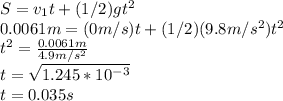 S=v_{1}t+(1/2)gt^{2} \\ 0.0061m=(0m/s)t+(1/2)(9.8m/s^{2} )t^{2}\\ t^{2}=\frac{0.0061m}{4.9m/s^{2} }\\  t=\sqrt{1.245*10^{-3} }\\ t=0.035s
