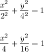 \dfrac{x^2}{2^2}+\dfrac{y^2}{4^2}=1\\ \\ \\\dfrac{x^2}{4}+\dfrac{y^2}{16}=1