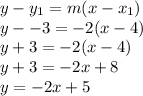y-y_1 = m(x-x_1)\\y--3=-2(x-4)\\y+3=-2(x-4)\\y+3=-2x+8\\y=-2x+5