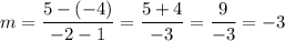 m=\dfrac{5-(-4)}{-2-1}=\dfrac{5+4}{-3}=\dfrac{9}{-3}=-3