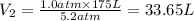 V_2=\frac{1.0 atm\times 175 L}{5.2 atm}=33.65 L