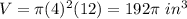 V=\pi (4)^{2}(12)=192\pi\ in^{3}