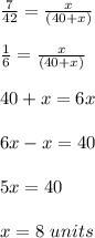 \frac{7}{42}=\frac{x}{(40+x)}\\ \\\frac{1}{6}=\frac{x}{(40+x)}\\ \\ 40+x=6x\\ \\6x-x=40\\ \\5x=40\\ \\x=8\ units