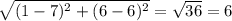 \sqrt{(1 - 7)^{2} +(6 - 6)^{2}  } =  \sqrt{36}  = 6