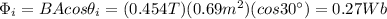 \Phi_i = BAcos \theta_i = (0.454 T)(0.69 m^2)(cos 30^{\circ})=0.27 Wb